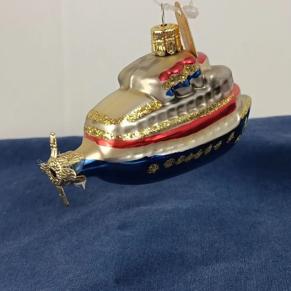 Discovery Channel Blown Glass Ornament Ship Yacht Glitter Christmas Tree Holiday